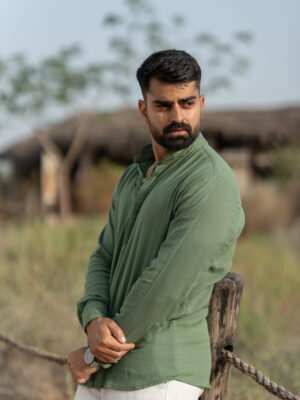 Urban Mandarin Linen Shirt – Olive Green