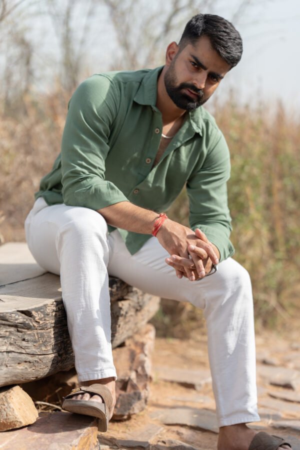 Classic Hue Linen Shirt - Earthy green