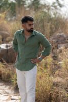 Classic Hue Linen Shirt - Earthy green