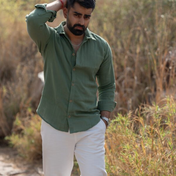 Classic Hue Linen Shirt - Earthy green