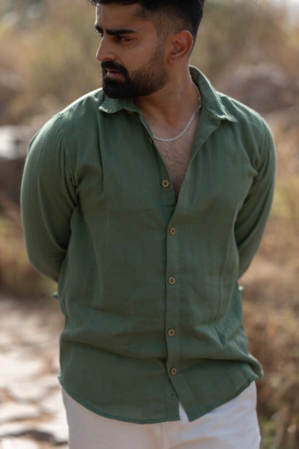 Classic Hue Linen Shirt - Earthy green