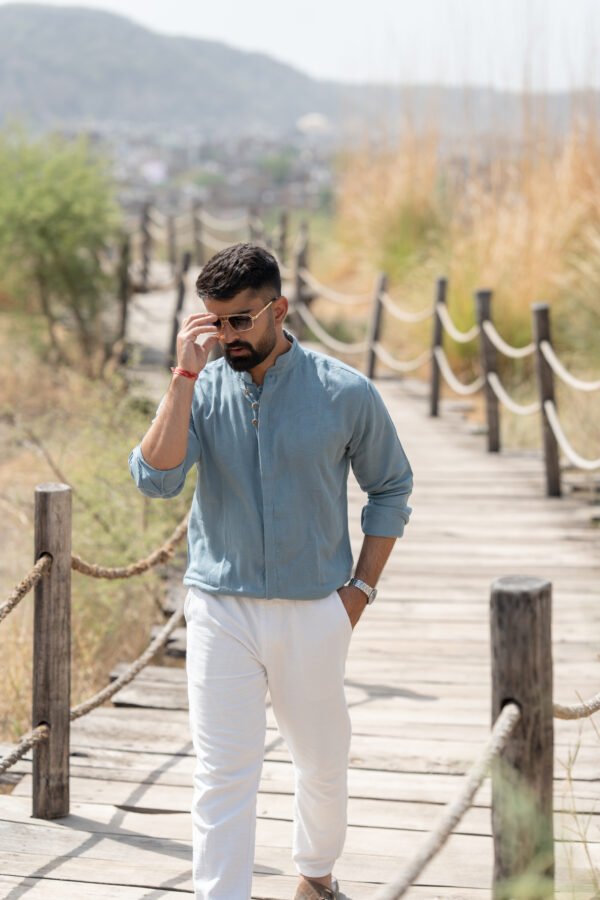 Urban Mandarin Linen Shirt – Light Blue