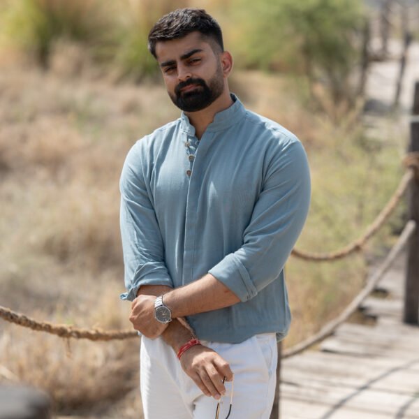 Urban Mandarin Linen Shirt – Light Blue