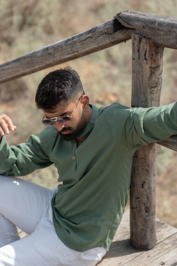 Casual Drape Linen Shirt - Olive Green