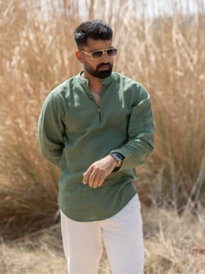 Casual Drape Linen Shirt - Olive Green