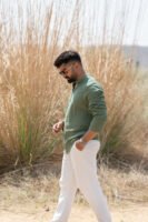 Casual Drape Linen Shirt - Olive Green