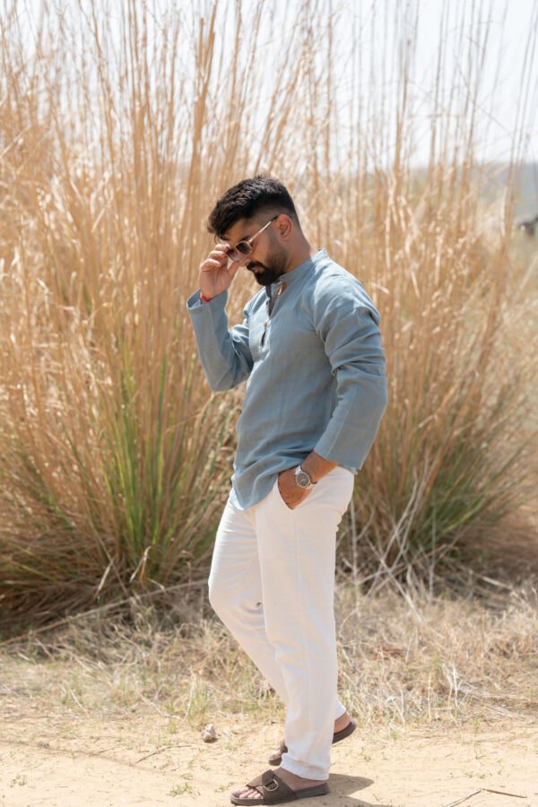 Casual Drape Linen Shirt – Dusty Blue